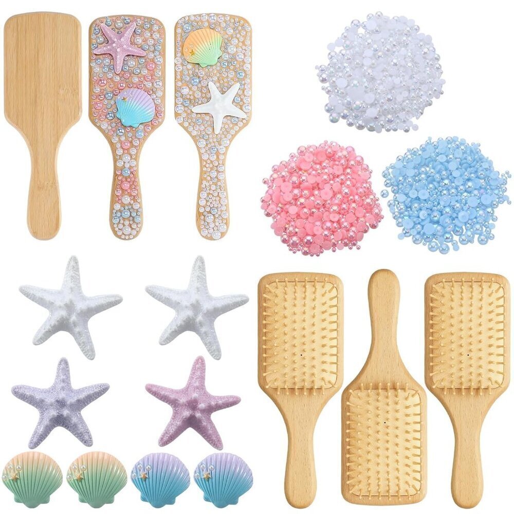 DIY Wooden Hairbrush Kit with Pearls Shells Starfish for Women Girls Gift